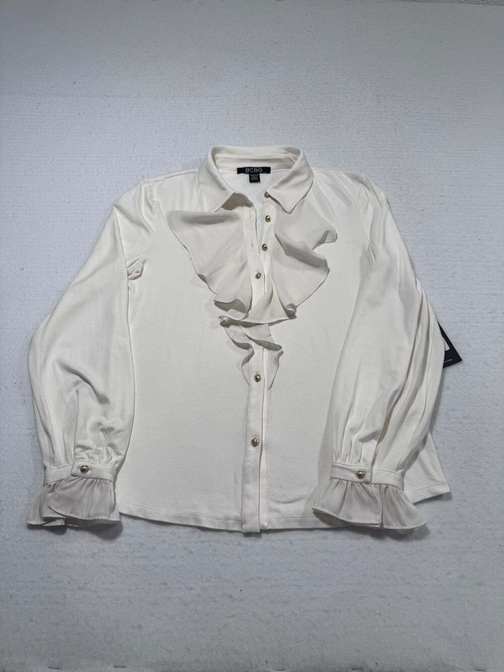BCBG Women’s White Button Down Ruffle Front Blouse Long Sleeve NWT